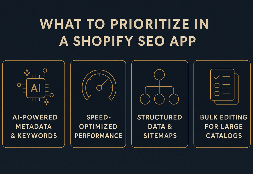 “Infographic showing four criteria for choosing a Shopify SEO app: AI metadata, speed, structured data, bulk editing.”