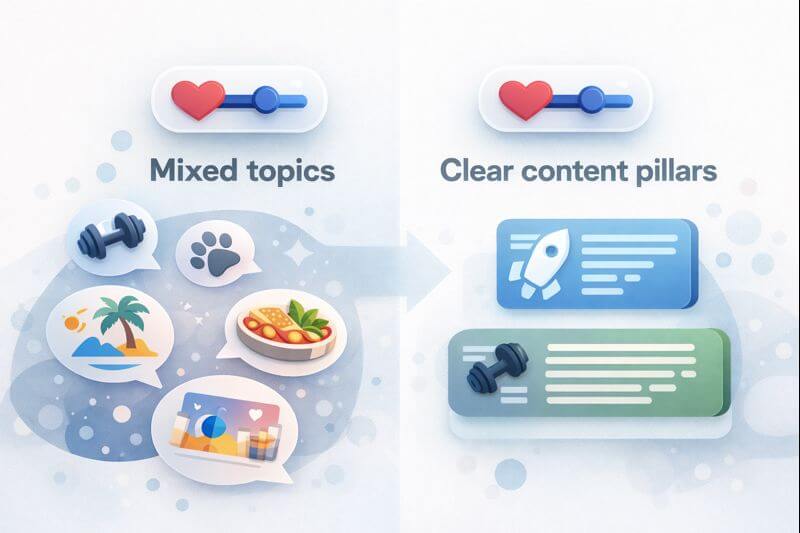 Before vs after: mixed topics vs clear content pillars for Reels reach